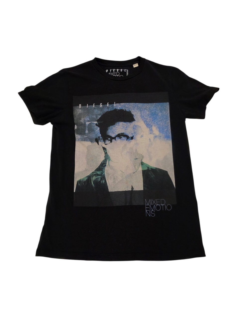 Diesel Black Crewneck Tee with Muted Blue & Gray Portrait Print